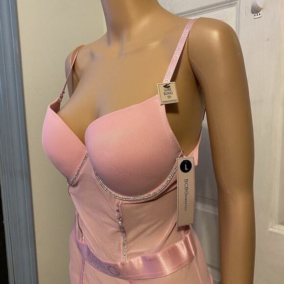 New BCBGenertion Pink Mesh Luxe Bling Pushup Bodysuit Top SzL Sexy Love Romantic - Picture 7 of 11